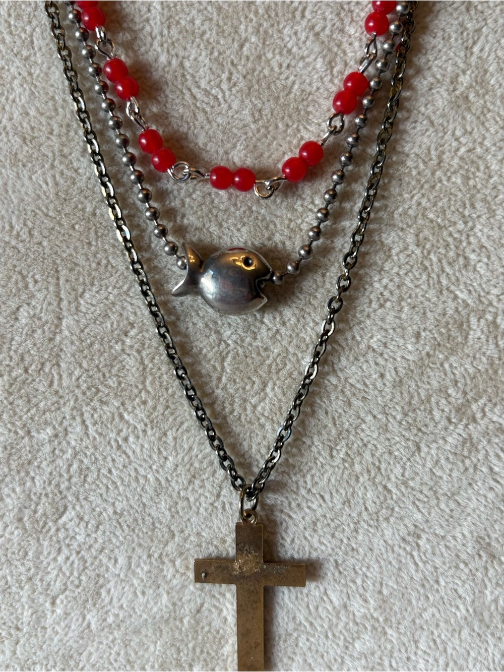 Layered Cross Necklace Set Fish Charm Red Bead Silver Tone Bundle of 3